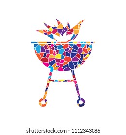 Barbecue with fire sign. Vector. Stained glass icon on white background. Colorful polygons. Isolated.