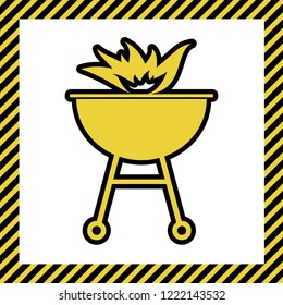 Barbecue with fire sign. Vector. Warm yellow icon with black contour in frame named as under construction at white background. Isolated.