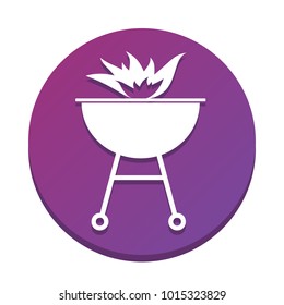 Barbecue with fire sign. Vector. White icon with flat shadow on purpureus circle at white background. Isolated.