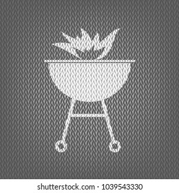Barbecue with fire sign. Vector. White knitted icon on gray knitted background. Isolated.