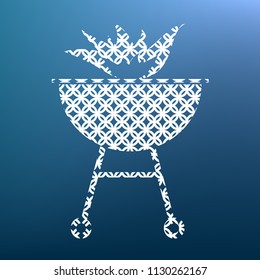 Barbecue with fire sign. Vector. White textured icon at lapis lazuli gradient background.