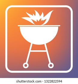 Barbecue with fire sign. Vector. White icon on transparent button at orange-violet gradient background.