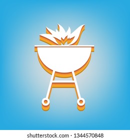 Barbecue with fire sign. Vector. White icon with 3d warm-colored gradient body at sky blue background.