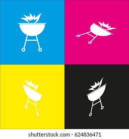 Barbecue with fire sign. Vector. White icon with isometric projections on cyan, magenta, yellow and black backgrounds.