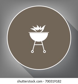Barbecue with fire sign. Vector. White icon on brown circle with white contour and long shadow at gray background. Like top view on postament.
