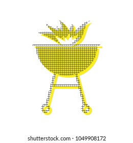 Barbecue with fire sign. Vector. Yellow icon with square pattern duplicate at white background. Isolated.