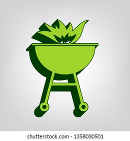 Barbecue with fire sign. Vector. Yellow green solid icon with dark green external body at light colored background.