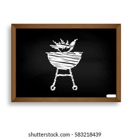 Barbecue with fire sign. White chalk icon on black school board 