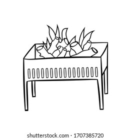 Barbecue with fire. A simple sketch drawn by hand.Summer vector illustration in Doodle  style. Isolated object on a white background. For the design of icons, logos, and children's coloring books.
