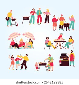 Barbecue flat color set of people spend your free time outdoor and roasting meat on grill isolated vector illustration