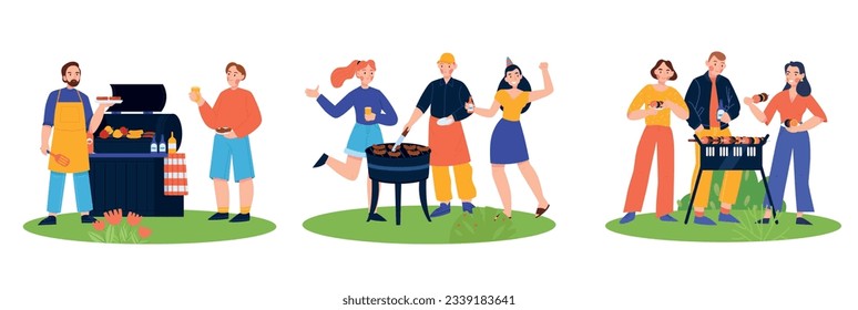 Barbecue flat compositions set of people having picnic outdoors isolated vector illustration