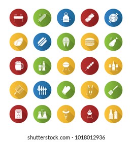 Barbecue flat design long shadow glyph icons set. BBQ. Barbeque grills, food, drinks, kitchen utensils. Vector silhouette illustration