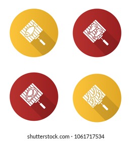 Barbecue flat design long shadow glyph icons set. Hand grills with fish, chicken drumsticks, meat steak and sausages. Vector silhouette illustration