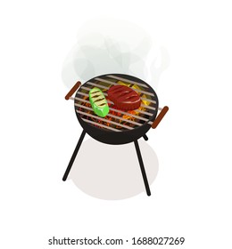 Barbecue flat grill meat, vegetable and glilling supplies, isolated roasting vector bbq illustration.