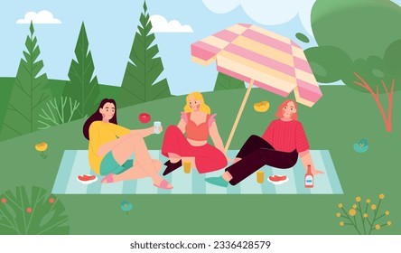 Barbecue flat illustration with three young girls having picnic on grass outdoors illustration
