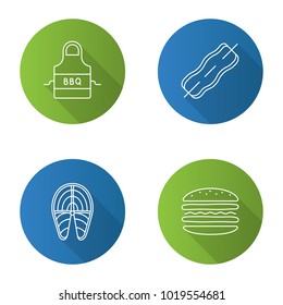 Barbecue flat linear long shadow icons set. BBQ. Apron, bacon on skewer, fish steak, burger. Vector outline illustration