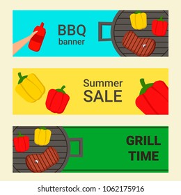 Barbecue flat vector horizontal banners. Grilled meat and vegetables
