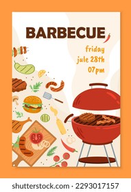 Barbecue flyer template. Grill with meat and sausages, vegetables. Tomato, lemon and mushroom. Relaxation and delicious food. BBQ and picnic outdoor. Cartoon flat vector illustration