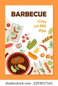 Barbecue flyer template. Grill with meat and sausages, vegetables. Dinner or breakfast outdoor. BBQ and picnic. Design of invintation postcard. Cartoon flat vector illustration