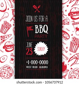 Barbecue Flyer Template for your party with grunge icons and frame. BBQ vintage grill background