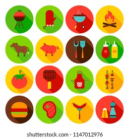 Barbecue Food Circle Icons Set. Flat Design Vector Illustration. Collection of Web Symbols.