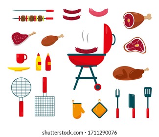 Barbecue food and equipment set on white background. Big collection of elements or icons for summer holiday or weekend concept design. Vector illustration.