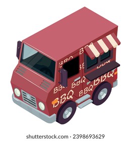 Vector isométrico del icono de la parrillada. Vehículo retro vendiendo comida bbq en la calle. Comida rápida, comida para llevar