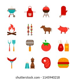 Barbecue Food Objects. Flat Style Vector Illustration. BBQ Collection of Items Isolated over White.