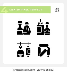 Barbecue food pixel perfect black glyph icons set on white space. Meat market. Grilling season. Deli counter. Sausage category. Silhouette symbols. Solid pictogram pack. Vector isolated illustration