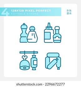 Barbecue food pixel perfect blue RGB color icons set. Meat market. Grilling season. Sausage category. Isolated vector illustrations. Simple filled line drawings collection. Editable stroke
