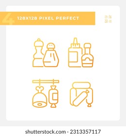 Barbecue food pixel perfect gradient linear vector icons set. Meat market. Grilling season. Sausage category. Thin line contour symbol designs bundle. Isolated outline illustrations collection
