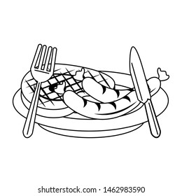 Barbecue food sausage and steak with fork and knife on dish vector illustration graphic design
