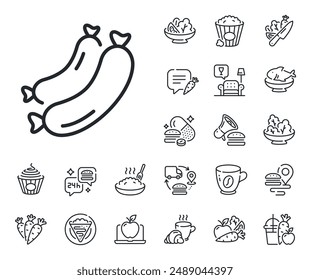 Barbecue food sign. Crepe, sweet popcorn and salad outline icons. Sausage line icon. symbol. Sausage line sign. Pasta spaghetti, fresh juice icon. Supply chain. Vector