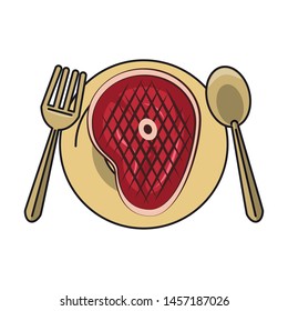 Barbecue food steak in dish with fork and knife vector illustration graphic design