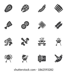 Barbecue food vector icons set, modern solid symbol collection, filled style pictogram pack. Signs, logo illustration. Set includes icons as bbq grill meat, beefsteak, fish fillet, hot dog sausage