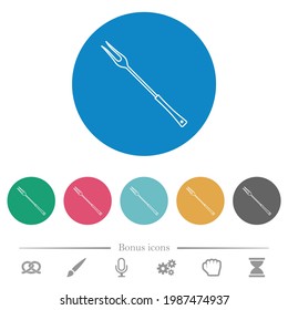 Parrillada horquilla de iconos blancos planos sobre fondo de color redondo. 6 iconos de bonificación incluidos.