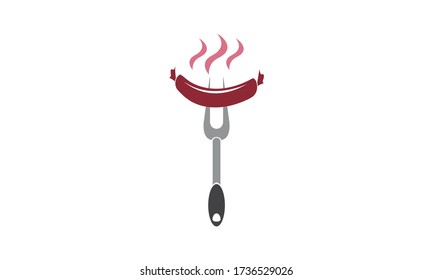 Barbecue fork with grilled sausage logo. Emblem with grilled sausage and BBQ fork. Butcher Shop sign. Hot grilled sausage on a fork background. symbol illustration on a white background