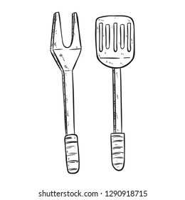 barbecue fork and spatula with black and white hand drawn style