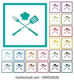 Barbecue fork and spatula with chef hat flat color icons with quadrant frames on white background