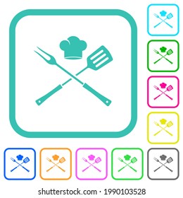 Barbecue fork and spatula with chef hat vivid colored flat icons in curved borders on white background