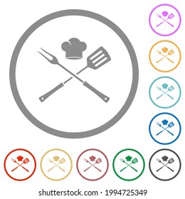 Barbecue fork and spatula with chef hat flat color icons in round outlines on white background