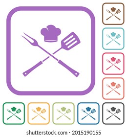 Barbecue fork and spatula with chef hat simple icons in color rounded square frames on white background