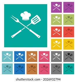 Barbecue fork and spatula with chef hat multi colored flat icons on plain square backgrounds. Included white and darker icon variations for hover or active effects.