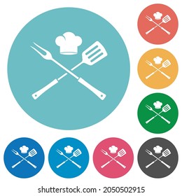 Barbecue fork and spatula with chef hat flat white icons on round color backgrounds