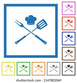 Barbecue fork and spatula with chef hat flat color icons in square frames on white background