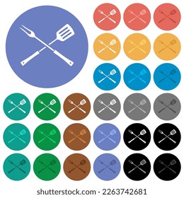 Barbecue fork and spatula in crossed position multi colored flat icons on round backgrounds. Included white, light and dark icon variations for hover and active status effects, and bonus shades.