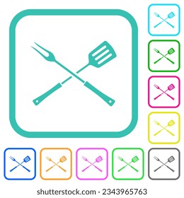 Barbecue-Gabel und Spatel in kreuzter Position, vivid farbige flache Symbole auf weißem Hintergrund