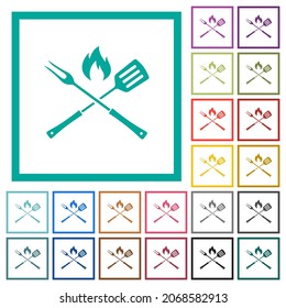 Barbecue fork and spatula with flame flat color icons with quadrant frames on white background