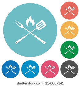 Barbecue fork and spatula with flame flat white icons on round color backgrounds