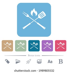 Barbecue fork and spatula with flame white flat icons on color rounded square backgrounds. 6 bonus icons included